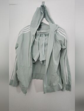 Set Adidas Mint Light Sage Green Hooded Zip Jacket w/ White 3 Stripes + Shorts